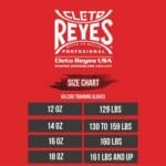 Cleto Reyes t-shirt size chart for 18 oz gloves.