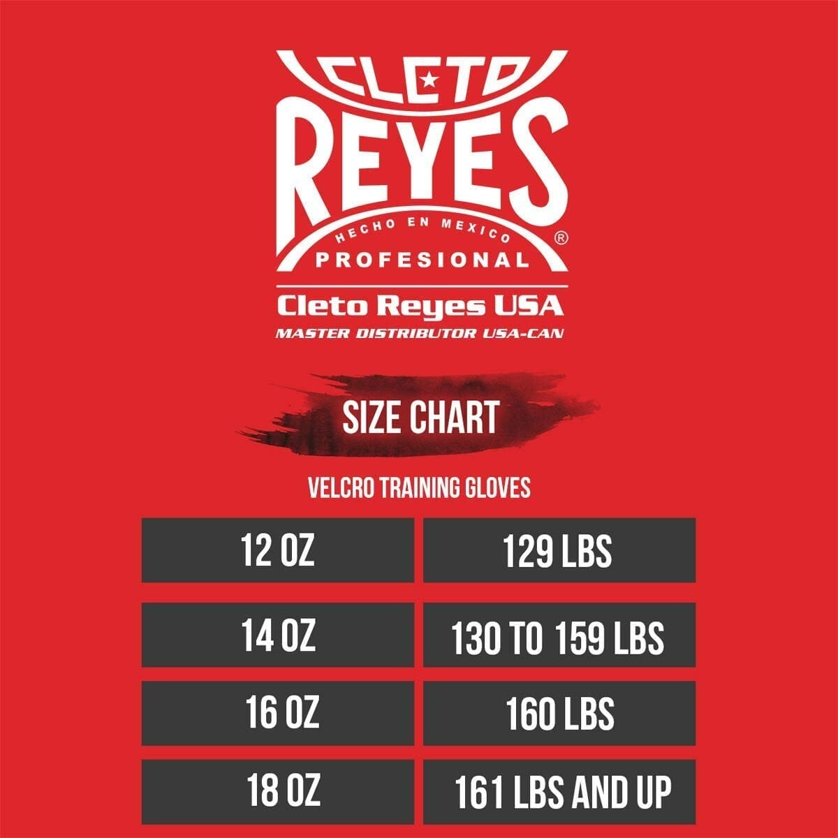 Cleto Reyes t-shirt size chart for 18 oz gloves.