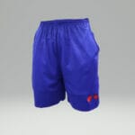 A pair of Round 10 Shorts - Red with a blue logo on them.