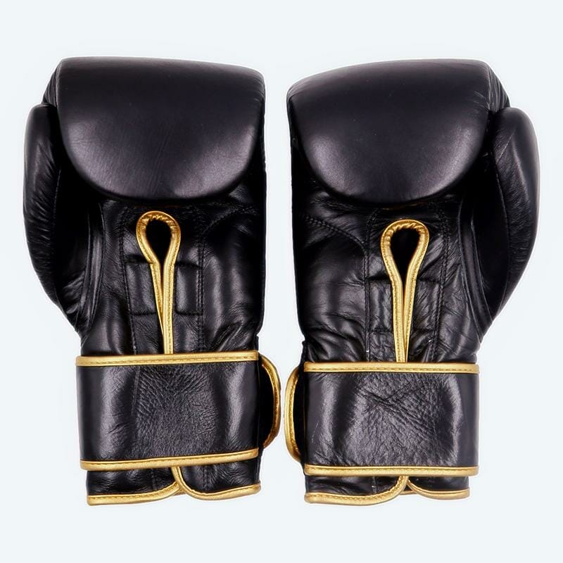 Round 10 Boxing Training Gloves, black and gold.