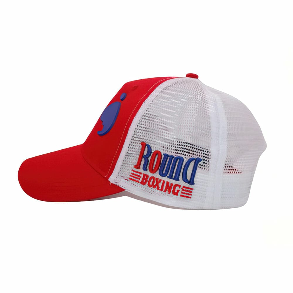 A blue and yellow trucker hat with the word romic on it.