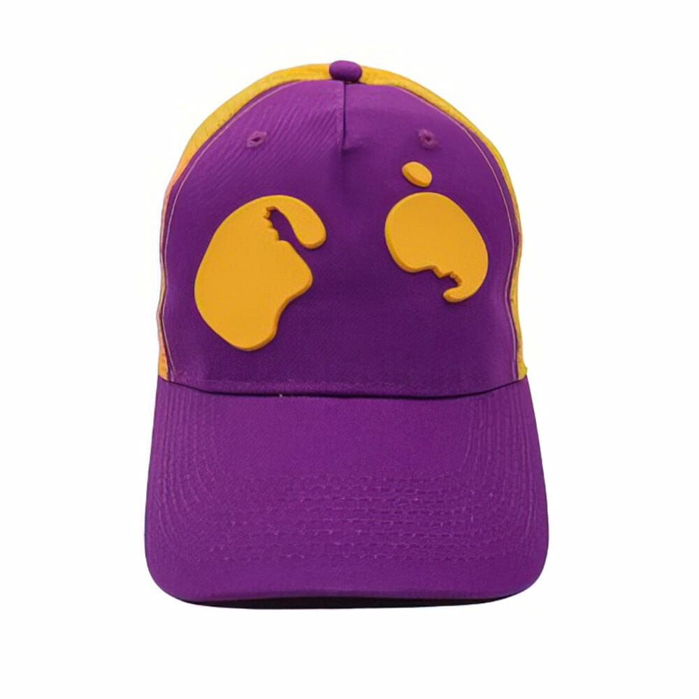 A purple and yellow hat with a paw print on it from Round 10 Boxing Caps - Blue/Yellow.