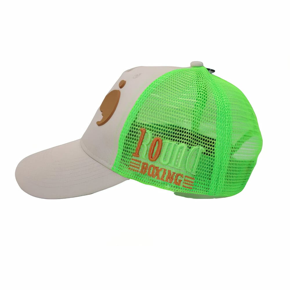 A trucker hat with a bear on it in white and green.