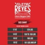 Cleto Reyes Training Gloves with Hook and Loop Closure size chart.